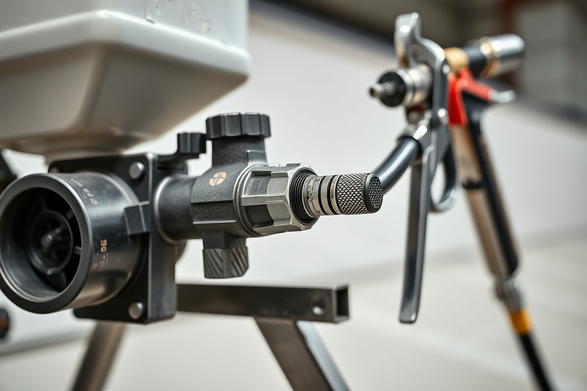 Detail shot of roof coating spray equipment — pump, hose, and gun staged for a job