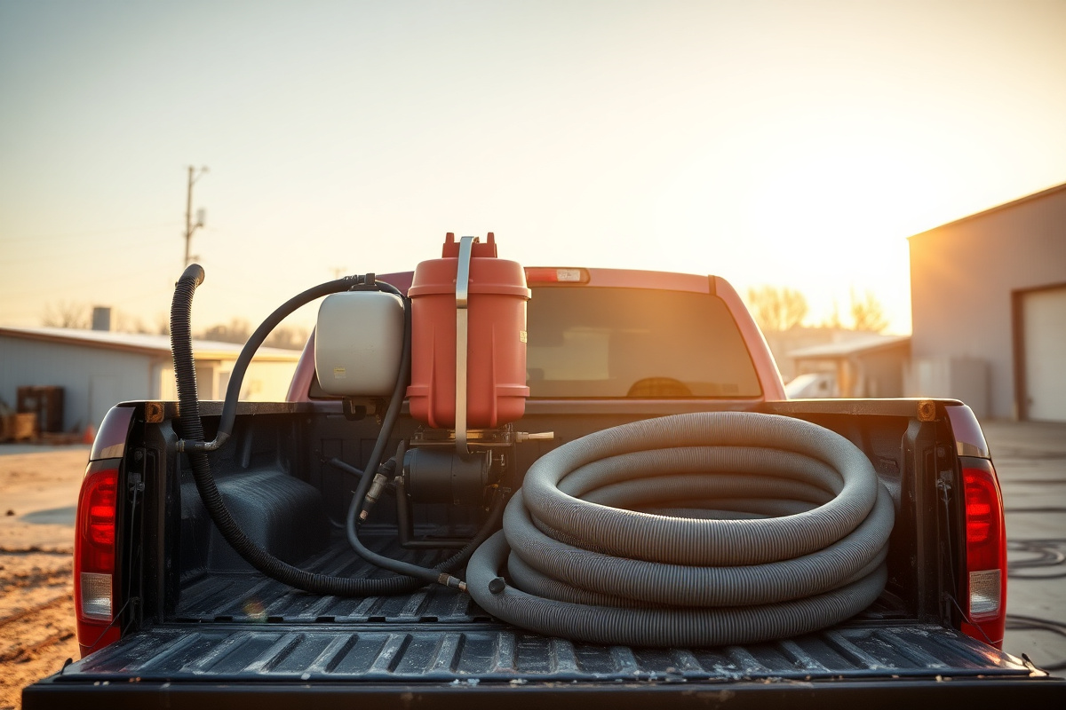 Roof coating spray rig staged on a truck bed at a jobsite