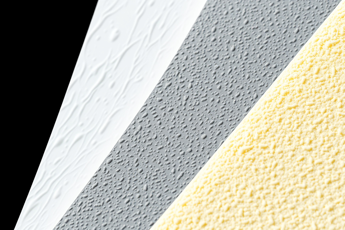 Close-up swatches of acrylic, silicone, and polyurethane roof coating textures side by side