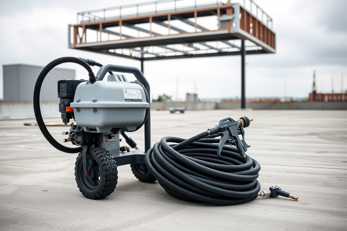 Roof coating spray equipment staged at a commercial jobsite — sprayer, hose, and gun
