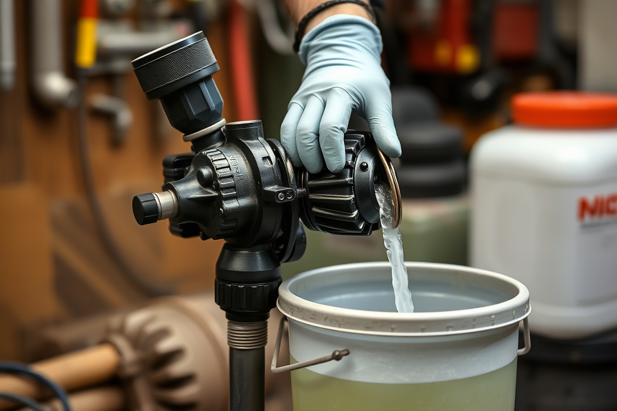 Technician flushing and cleaning a roof coating sprayer pump after use
